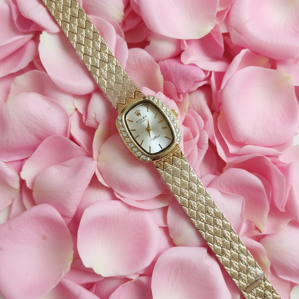 Montre femme dorée sur pétales de roses
