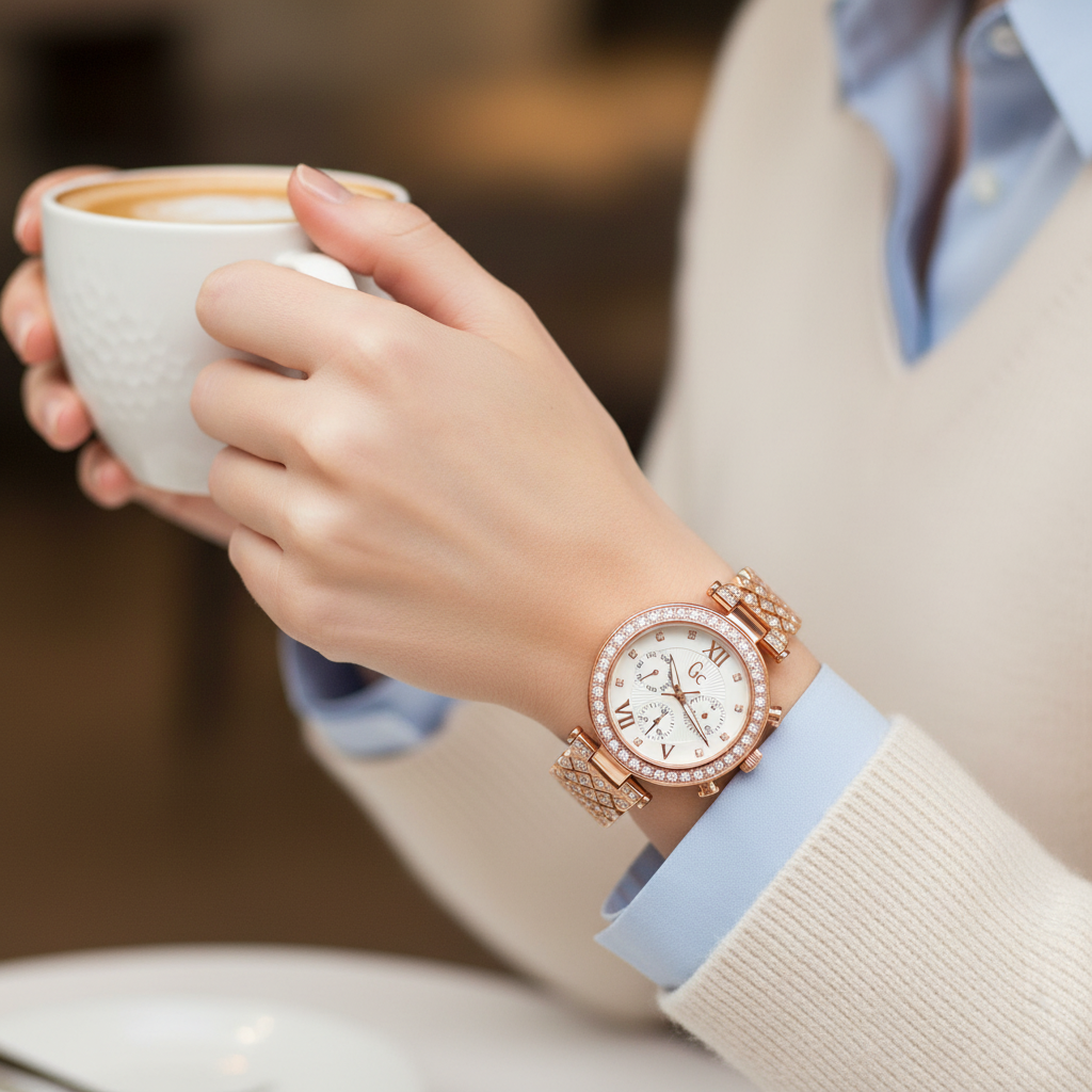 Montre GC Rose Gold lifestyle avec café