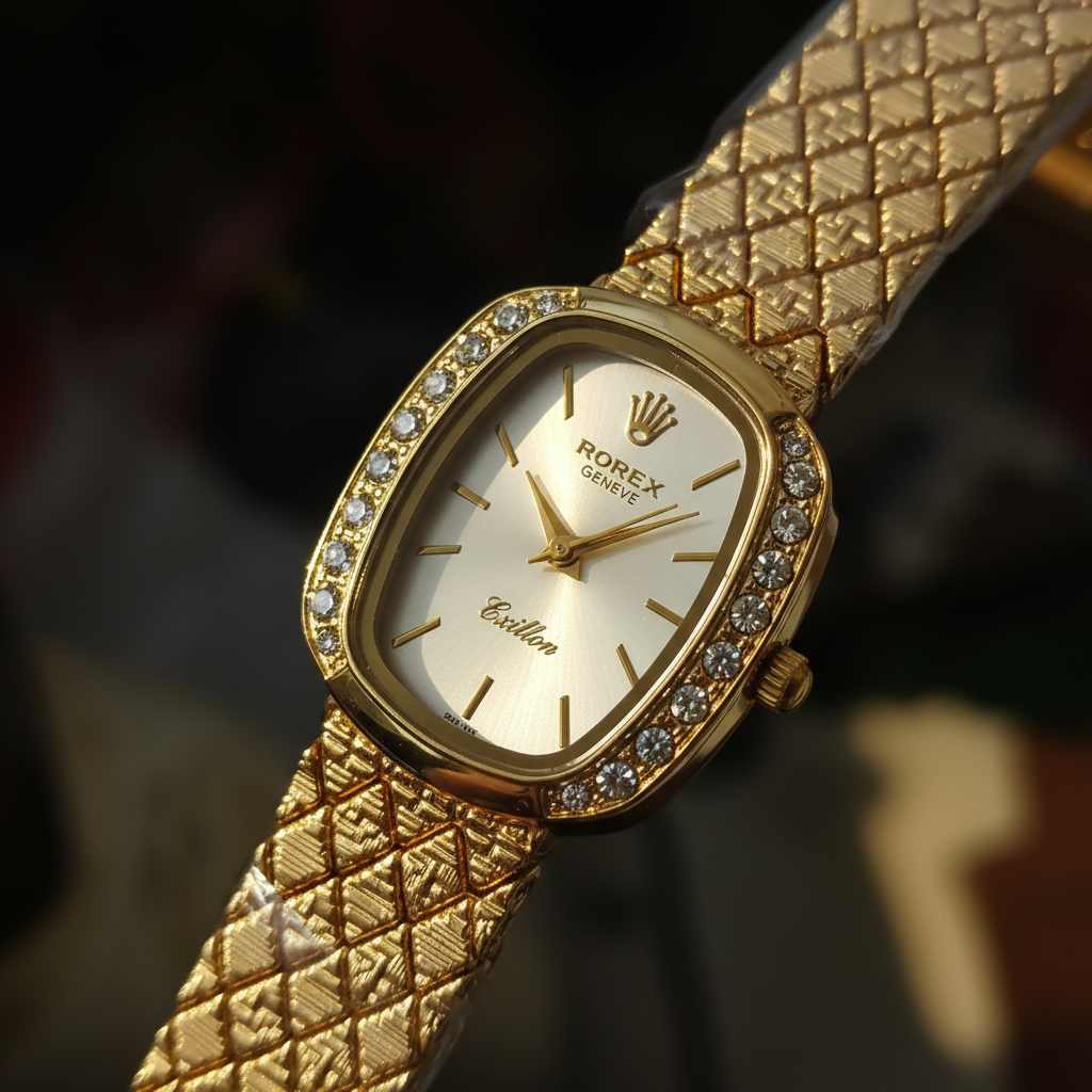 Montre femme dorée – macro cadran et cristaux