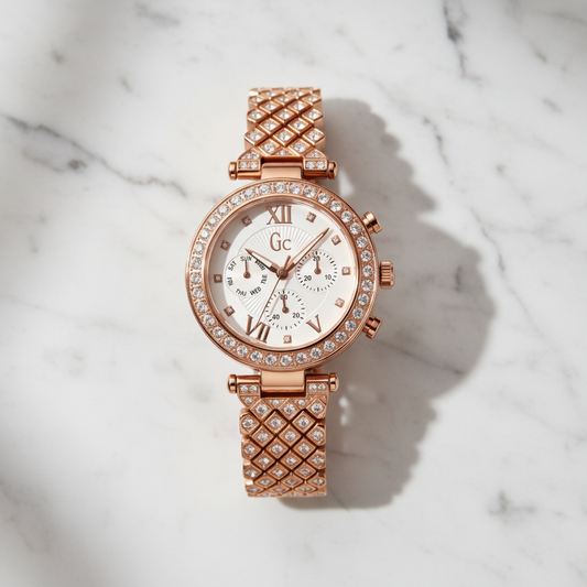 Montre GC Rose Gold flat lay marbre