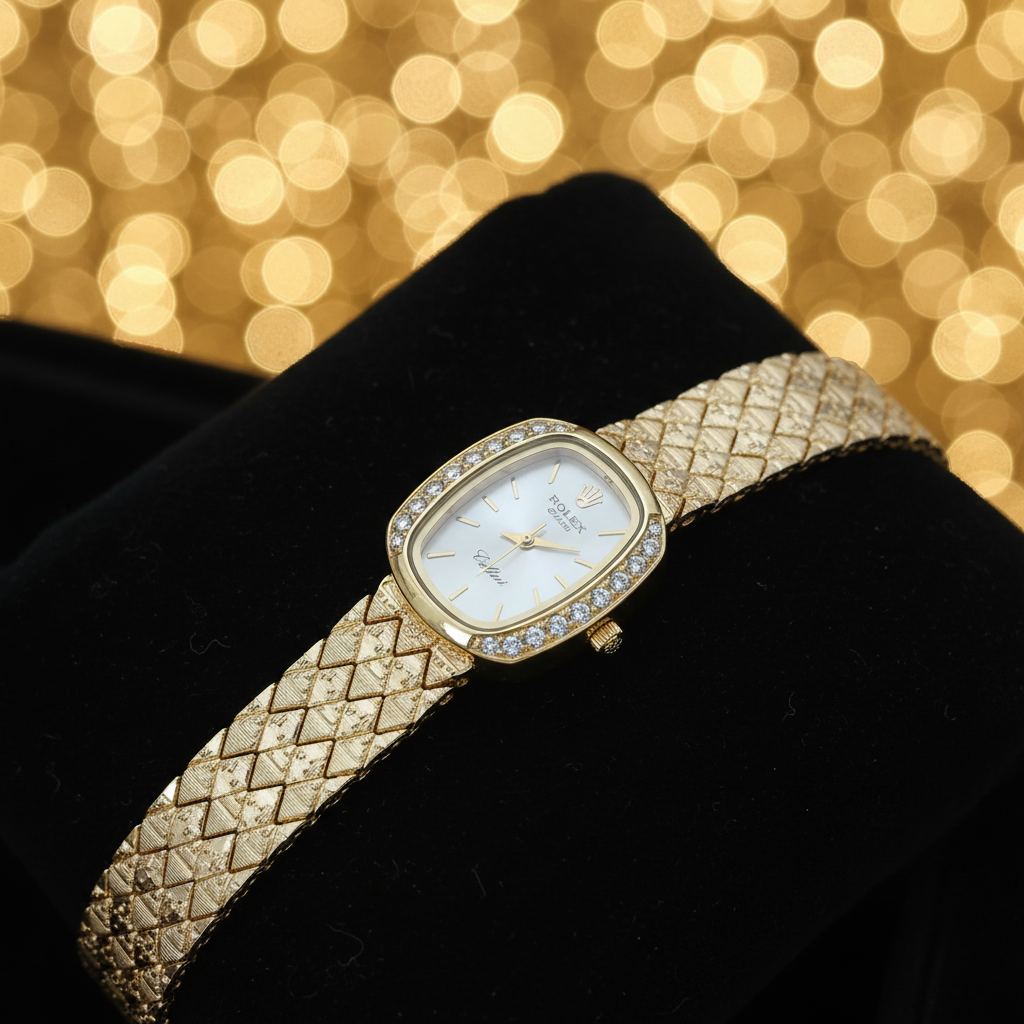 Montre femme dorée – détail cristaux sur velours noir